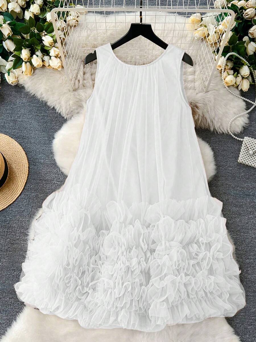 Celure Plus Size Women Elegant Flowy Loose Casual Round Neck Sleeveless Mesh Ruffle Dress, Spring Dress, Beach Outfit For Women - Beige - View 1