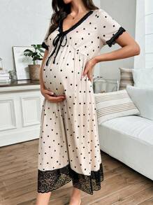 Moonlight&Mama Polka Dot & Lace Bow Decor Contrast Color V-Neck Short Sleeve Maternity Nightgown Maternity Nightgowns Maternity Sleepwear Maternity Loungewear Maternity Dresses - Apricot - View 5