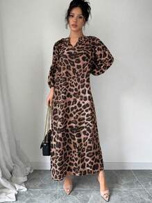 Rafferiza 女式夏季缺口V领豹纹灯笼袖长款宽松休闲连衣裙女装 - 彩色 - 查看 3