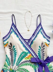 Soleia 女士度假热带元素椰子树棕榈叶细肩带迷你裹身裙热带连衣裙度假裙沙滩裙热带印花连衣裙女士度假服 - 彩色 - 查看 6