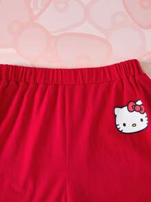 HELLO KITTY AND FRIENDS | SHEIN 青少年女孩卡通字母图案撞色条纹 T 恤和短裤运动服两件套，夏季 - 紅色 - 查看 5