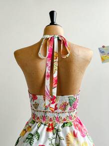 Soleia Plus Size Women Retro Floral Print Frill Halter Neck Tie Front Casual Summer Dress, Romantic, Graduation Season, Wedding Season, Back To School, Cute Lunch, Summer Travel