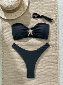 Swim Mod 女士纯色细肩带海星金属装饰性感比基尼套装，夏季 - 黑色 - 查看 3