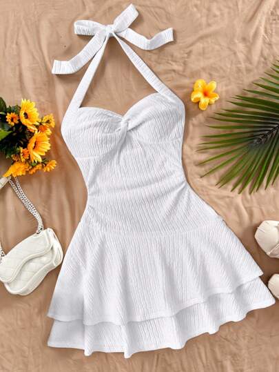 SHEIN Teen Girls Dresses Backless White Mini Dress With Tie/Ruffled Hem And Double Layer/ Suitable For Party/Date/Valentine's Day/Vacation Outfits /Vacation Dress/Beach Vacation Outfits White Swimsuit Dress Swimsuit With Skirt White Swim Dress Halter Swim Dress White Beach Dress