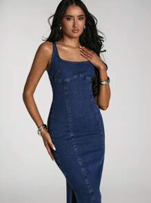 SHEIN BAE 女式方领无袖修身牛仔迷你连衣裙，侧开衩下摆，夏季适用 - 深色水洗藍 - 查看 4