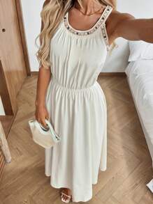 SHEIN LUNE Casual Women Sleeveless Dress With Halter Summer Dresses For Women Casual Dresses For Woman Flowy Dress Summer Dresses For Vacation Western Dress Going Out Dress Vacation Outfits Woman Vacation Outfits Women Women Summer Clothes Halter Dress Flowy Dress Cruise Outfits Women Country Outfits Women Dresses For Women Party Vacation Outfits Boho Clothes Women Resort Wear Women - Apricot - View 7