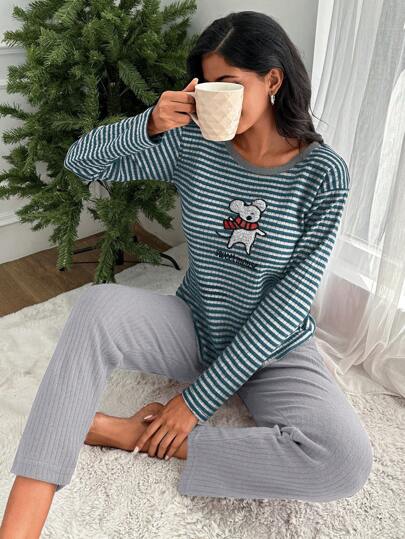 EURMUSE Conjunto de pijama 100% algodón con rayas y gráfico de caricatura