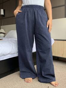 Dazy Plus Plus Elastic Waist Striped Relaxed Straight Fit Lounge Pants Pajama, Fall, Cozy - Navy Blue - View 4