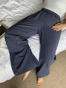 Dazy Plus Plus Elastic Waist Striped Relaxed Straight Fit Lounge Pants Pajama, Fall, Cozy - Navy Blue - View 5