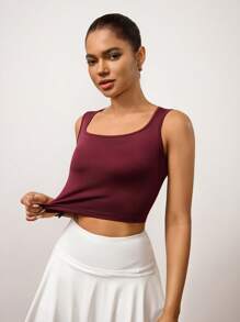 Hanevo 女式纯色露背系带休闲运动背心 - 酒紅色 - 查看 6