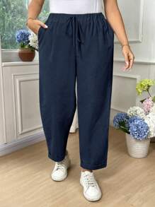 Linhara Plus Size Women Cotton Solid Color Fold-Over Casual Pants - Navy Blue - View 3