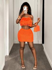 BamGleam Conjunto de dos piezas de jersey para mujer, top de punto sin mangas, tirantes con flecos, falda corta, ajustada naranja, sexy para vacaciones, fiestas en la playa, ropa de mujer para primavera y verano