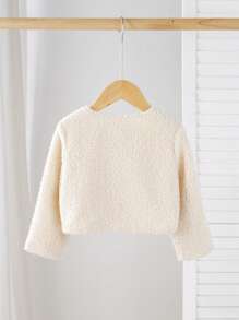 SHEIN 可爱杏色毛绒蝴蝶结装饰长袖夹克，适合女婴，百搭秋冬 - 杏色 - 查看 2