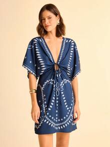 CAJUNI Women's Resort Casual Boho Navy Blue & Floral Print V-Neck Batwing Sleeve Adjustable Waist Tie Vacation Style Short Dress