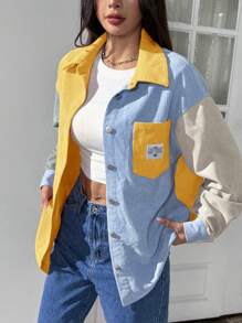 SHEIN EZwear Áo khoác nhung kẻ vá chữ vai trễ màu - Nhiều màu - Xem 4