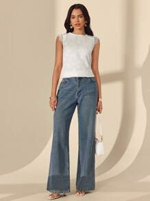 Almamuse Blusa elegante de cuello redondo con mangas cortas de encaje y textura jacquard para mujer - Blanco - Ver 6