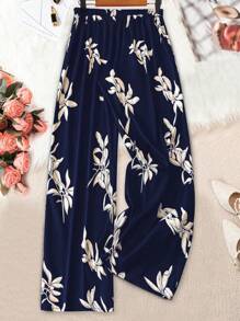 SHEIN JORESS 大码女式度假风全印花系带松紧腰宽松阔腿裤 - 藏蓝色 - 查看 2