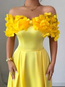 Selianne 女式春夏波西米亚风休闲优雅拼布网眼贴花蝴蝶刺绣连衣裙 - 黃色 - 查看 3