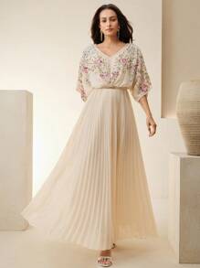 Anewsta Elaire 女士优雅串珠褶皱V领连衣裙，夏季 - 杏色 - 查看 3