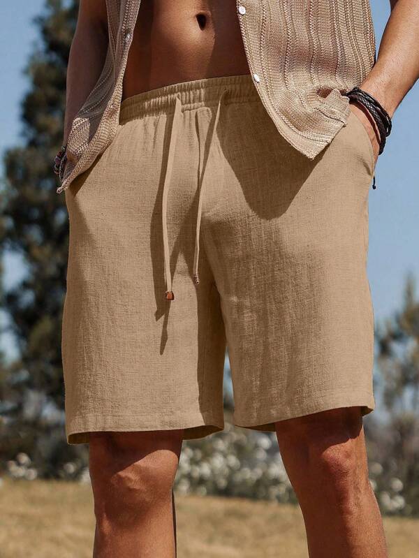 Manfinity RSRT Men Fashionable Loose Solid Color Casual All Match Shorts Knee Linen Plain Boho Husband,Suitable For Daily Leisure, Vacation Wear, Simple And Casual Shorts In Summer Men Linen Shorts Men Summer Shorts Men Casual Shorts Tan Shorts Men Drawstring Shorts Men