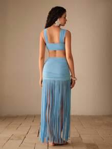 Anewsta Bộ bikini gợi cảm màu trơn đi biển mùa hè cho nữ kèm áo choàng và váy - Màu xanh lam - Xem 2