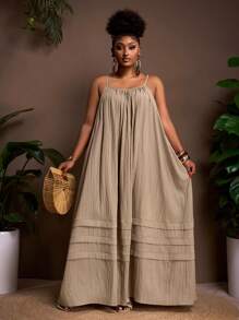 Veslaya Vestido holgado de color albaricoque con tirantes sin mangas, con bolsillos, dobladillo con volantes en capas, tela con textura tejida, vestido de talla grande - F, nueva colección Primavera/Verano 2025