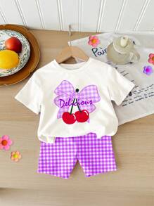 SHEIN 2件套女童休闲简约短袖短裤套装，适合夏季