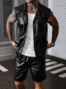 Manfinity LEGND 男士纯色单排扣工装口袋无袖衬衫和短裤套装 男士皮背心 男士无袖服装 时尚男士常规版型 PU 皮革套装，带口袋细节和尖头翻领设计 男士两件套皮装 男士仿皮短裤 男士黑色皮装 男士无袖背心 男士皮短裤 男士黑白服装 阳刚服装 - 黑色 - 查看 5
