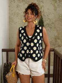 Travachic Plus Size Women's Full Print Single-Breasted V-Neck Casual Knitted Vest Crochet Top Vacation