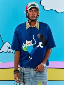 ROMWE MEN Adventure Time X ROMWE 男士休闲可爱卡通图案宽松落肩T恤，夏季 - 藍色 - 查看 1