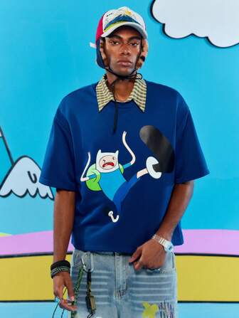 Adventure Time X ROMWE Men's Casual Cute Cartoon Graphic Loose Dropped Shoulder T-Shirt