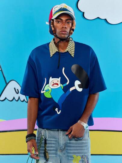 Adventure Time X ROMWE Men's Casual Cute Cartoon Graphic Loose Dropped Shoulder T-Shirt