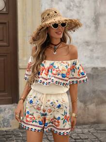 Brillora Ladies' Summer Vacation Style Floral Print Ruffled Off Shoulder Top And Shorts Casual 2Pcs Outfit Short Sets