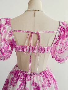 Soleia Sukienka damska typu romantyczna, z bufiastymi rękawami i kwiatowym nadrukiem, z odkrytymi plecami i wiązaniem w talii, w kształcie litery A, w stylu księżniczki, na wakacje - Wielokolorowe - Zobacz 7