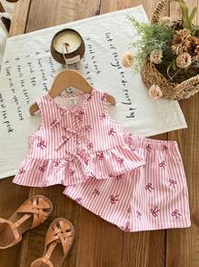 SHEIN LMoss Kids Babygirl 可爱夏日度假花卉印花吊带上衣和松紧腰短裤套装