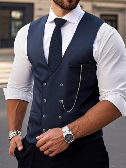 Manfinity Bizformal 男士纯色双排扣V领休闲背心，复古风