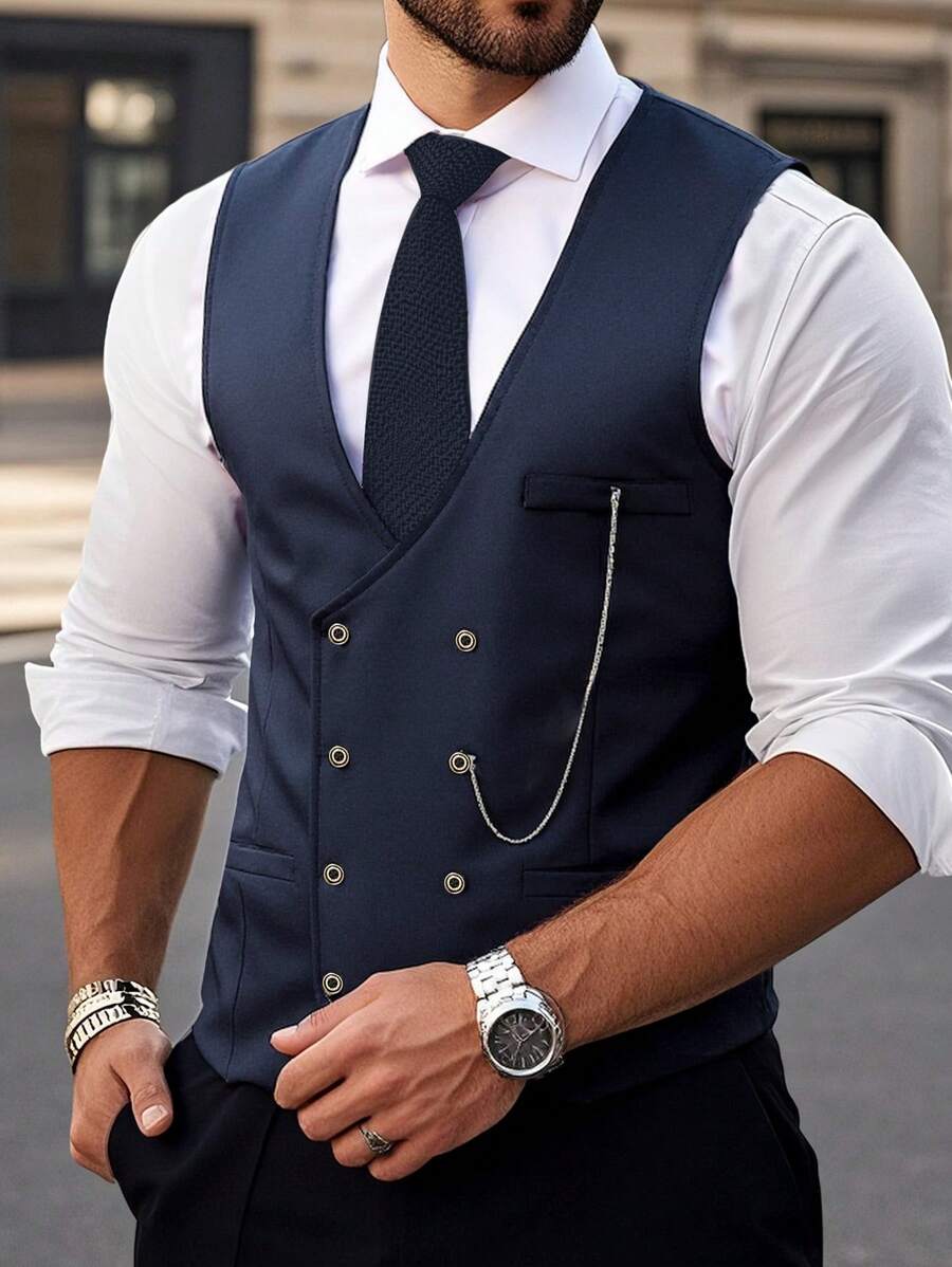 Manfinity Bizformal 男士纯色双排扣V领休闲背心，复古风