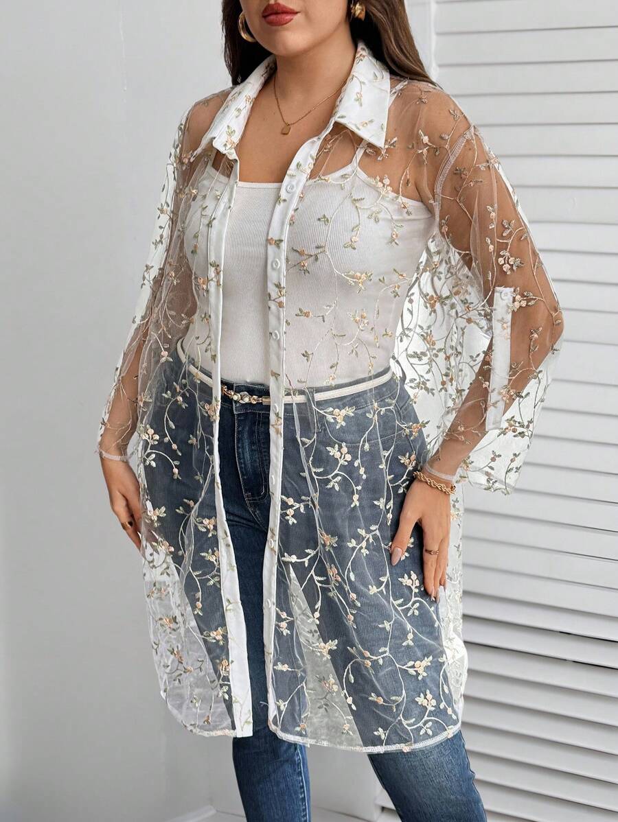 SHEIN Clasi 白色夏季優雅新娘婚禮大尺碼女款刺繡花卉網紗落肩長袖休閒襯衫上衣,老錢風 - 杏色 - 查看 1