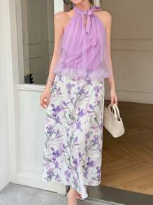 SHEIN LUNE Bộ 2 món gồm áo cổ đứng thắt nơ phối lưới và chân váy in hoa. - Nhiều màu - Xem 4