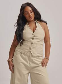 MUSERA 加大码露背深V领纽扣牛仔背心上衣（仅限上衣）毕业季性感可爱优雅假日 - 米色 - 查看 1