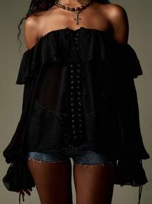 MISSGUIDED Off Shoulder Chiffon Blouse Lace Up Corset Style Top Long Balloon Sleeve Ruffle Trim Autumn Winter Fashion Party Top - Black - View 4