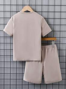 SHEIN Explorewe Bộ đồ hai mảnh thiết kế sọc 3D màu trơn thời trang Tween Boy - Màu be - Xem 2