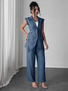 Modelyn 2 件套女士竹节结束腰侧设计优雅现代两件套春夏季 - 藏蓝色 - 查看 7