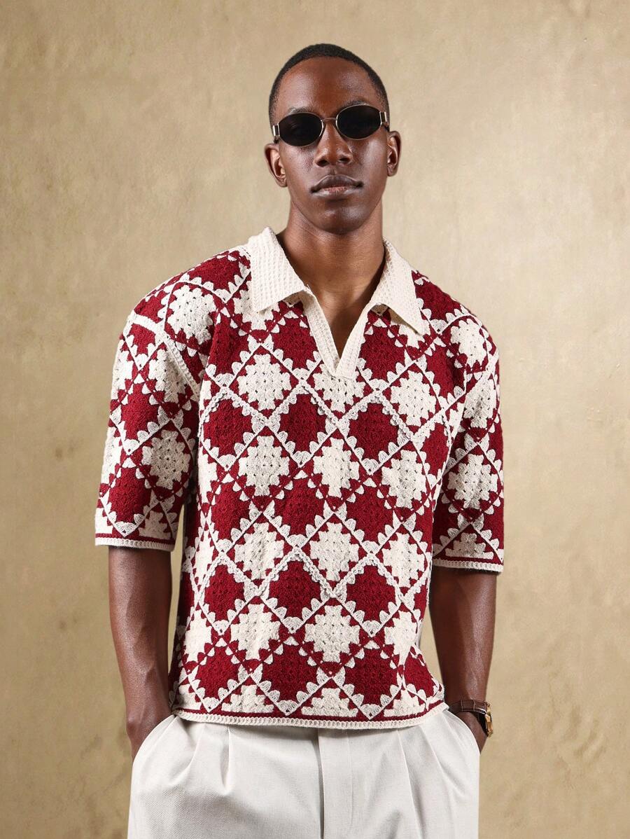 SUMWON 复古钩针 Polo 衫短袖针织上衣钻石图案复古学院风街头服饰 - 酒紅色 - 查看 1