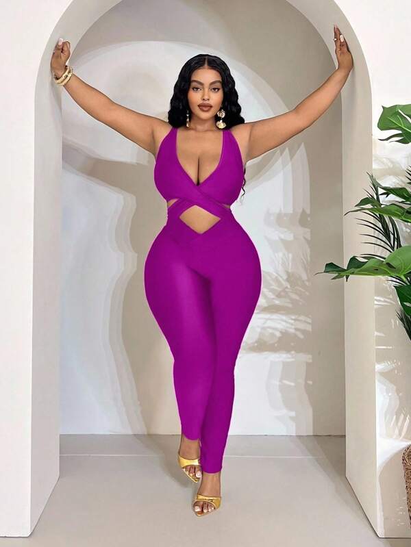 Maweii Mono sexy de talla grande para mujer de unicolor con diseño cruzado ajustado