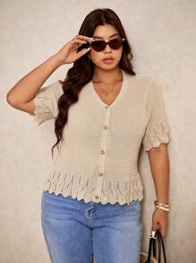 Elaquor Plus Size Women Casual Vacation Style Simple Solid V-Neck Shell Trim Single-Breasted Cardigan Sweater Summer Spring - Apricot - View 4