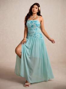 Elaquor Plus Size Elegant Sommarklänning med Paljetter och Hög Slits - Mint Grön - Visa 3