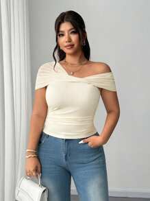 SHEIN Unity 大码不对称腰部拼接优雅浪漫女式 T 恤 - 杏色 - 查看 5