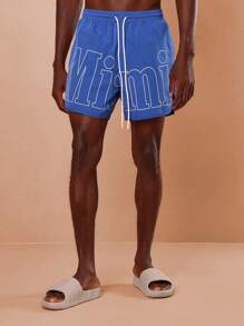 SUMWON Athletic Performance Swimming Trunks Beach Pool Elastic Drawstring Waistband Logo Board Shorts Surfer Style Mid Length Vacation Resort Leisure Sportswear - Blue - View 1