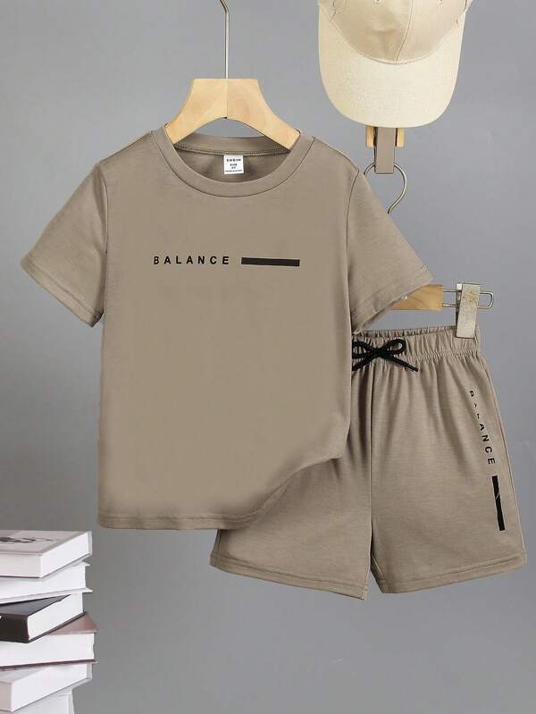 SHEIN Young Boy Letter Print Short Sleeve T-Shirt And Shorts Casual Set, Back To School Season